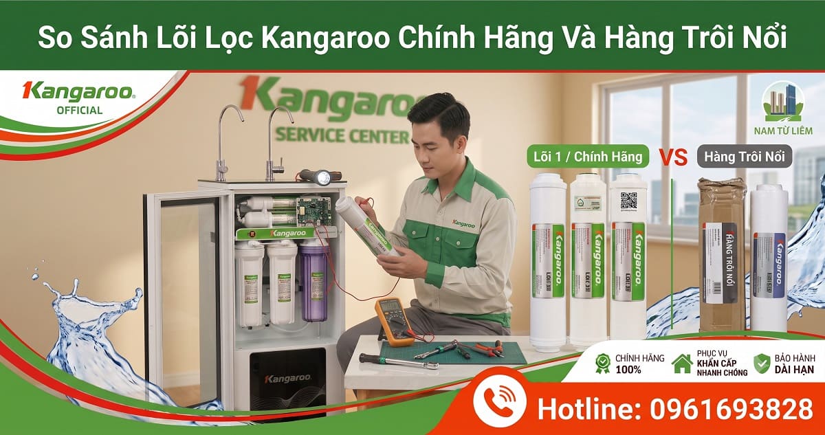 Kỹ thuật viên đang kiểm tra và thay thế lõi lọc Kangaroo chính hãng cho khách hàng tại Hà Nội.